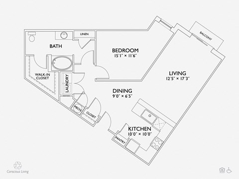 Floor plan for 1 bed, 1 bath, 951 sqft